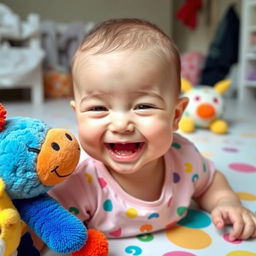 A cute, happily laughing baby in a playful environment, surrounded by colorful soft toys and a bright, whimsical space with cheerful patterns