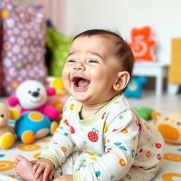 A cute, happily laughing baby in a playful environment, surrounded by colorful soft toys and a bright, whimsical space with cheerful patterns