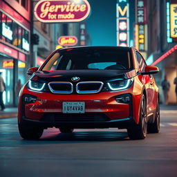 A vintage cinematic image of a BMW i3 designed as if it were created in the 1980s