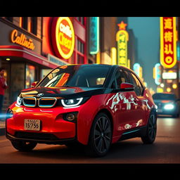 A vintage cinematic image of a BMW i3 designed as if it were created in the 1980s