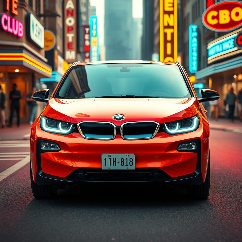 A vintage cinematic image of a BMW i3 designed as if it were created in the 1980s