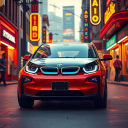 A vintage cinematic image of a BMW i3 designed as if it were created in the 1980s