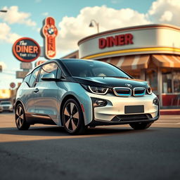 A cinematic image of a BMW i3 designed with 1950s aesthetics