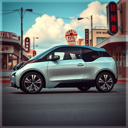 A cinematic image of a BMW i3 designed with 1950s aesthetics