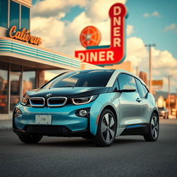 A cinematic image of a BMW i3 designed with 1950s aesthetics