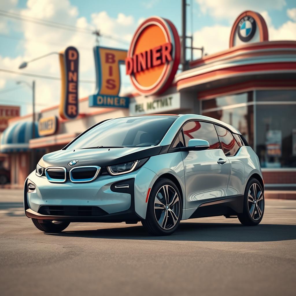 A cinematic image of a BMW i3 designed with 1950s aesthetics