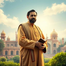 A creatively crafted portrait of Allama Iqbal, the philosopher-poet, standing confidently against a backdrop of classic South Asian architecture, symbolizing the rich cultural heritage of Pakistan