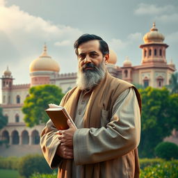 A creatively crafted portrait of Allama Iqbal, the philosopher-poet, standing confidently against a backdrop of classic South Asian architecture, symbolizing the rich cultural heritage of Pakistan