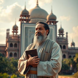 A creatively crafted portrait of Allama Iqbal, the philosopher-poet, standing confidently against a backdrop of classic South Asian architecture, symbolizing the rich cultural heritage of Pakistan