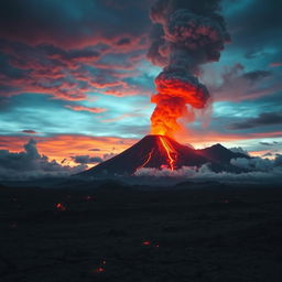 A dramatic scene depicting a volcanic eruption in the background with a vibrant sky