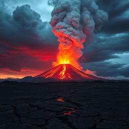 A dramatic scene depicting a volcanic eruption in the background with a vibrant sky