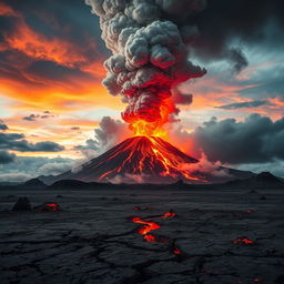 A dramatic scene depicting a volcanic eruption in the background with a vibrant sky