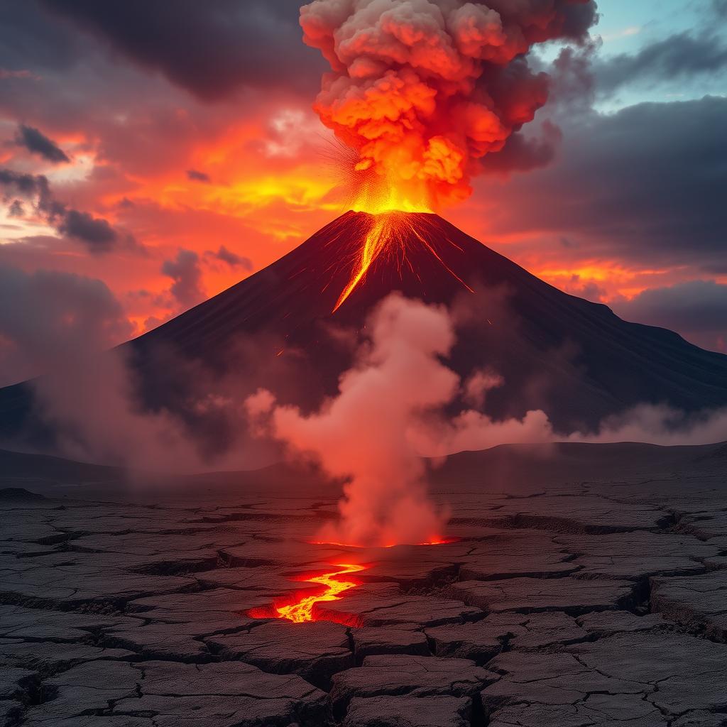 A dramatic scene depicting a volcanic eruption in the background with a vibrant sky