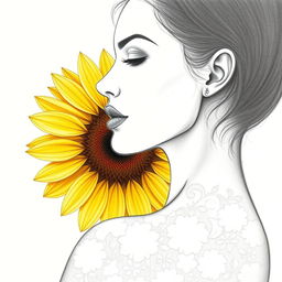 A delicate contour drawing of a woman's face shown in profile from the left side, created using black pencil, featuring soft and refined lines that define the elegant features of her face