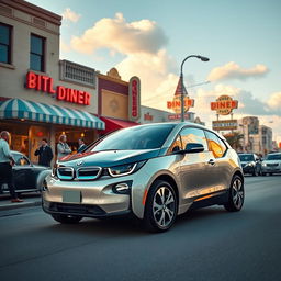 A cinematic image of a BMW i3 reimagined as if it were produced in the 1950s