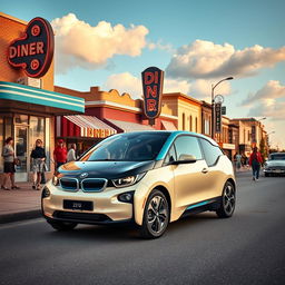 A cinematic image of a BMW i3 reimagined as if it were produced in the 1950s
