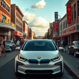A cinematic image of a BMW i3 reimagined as if it were produced in the 1950s