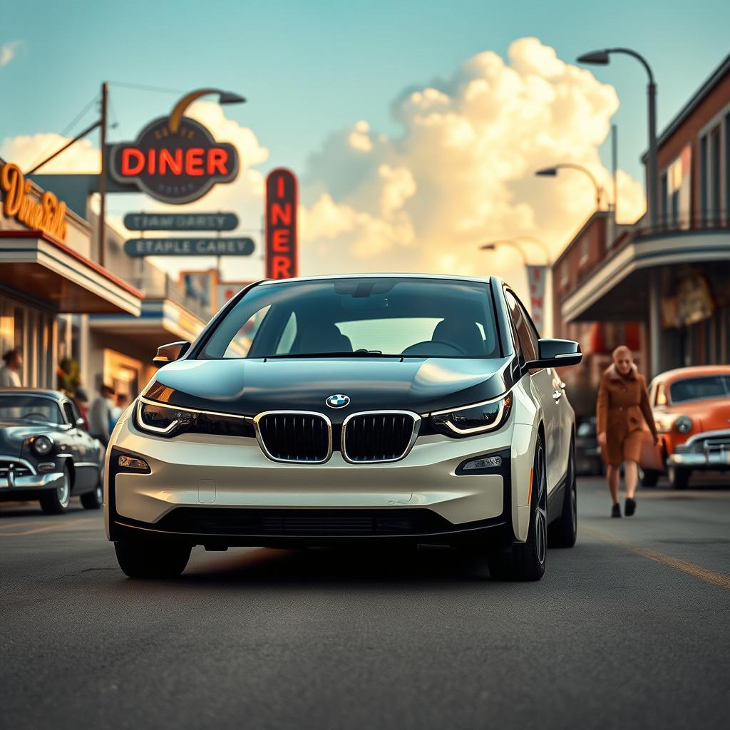 A cinematic image of a BMW i3 reimagined as if it were produced in the 1950s