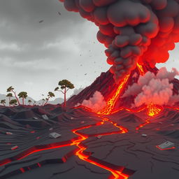 A dynamic animated scene depicting a volcanic eruption resulting in ground tremors