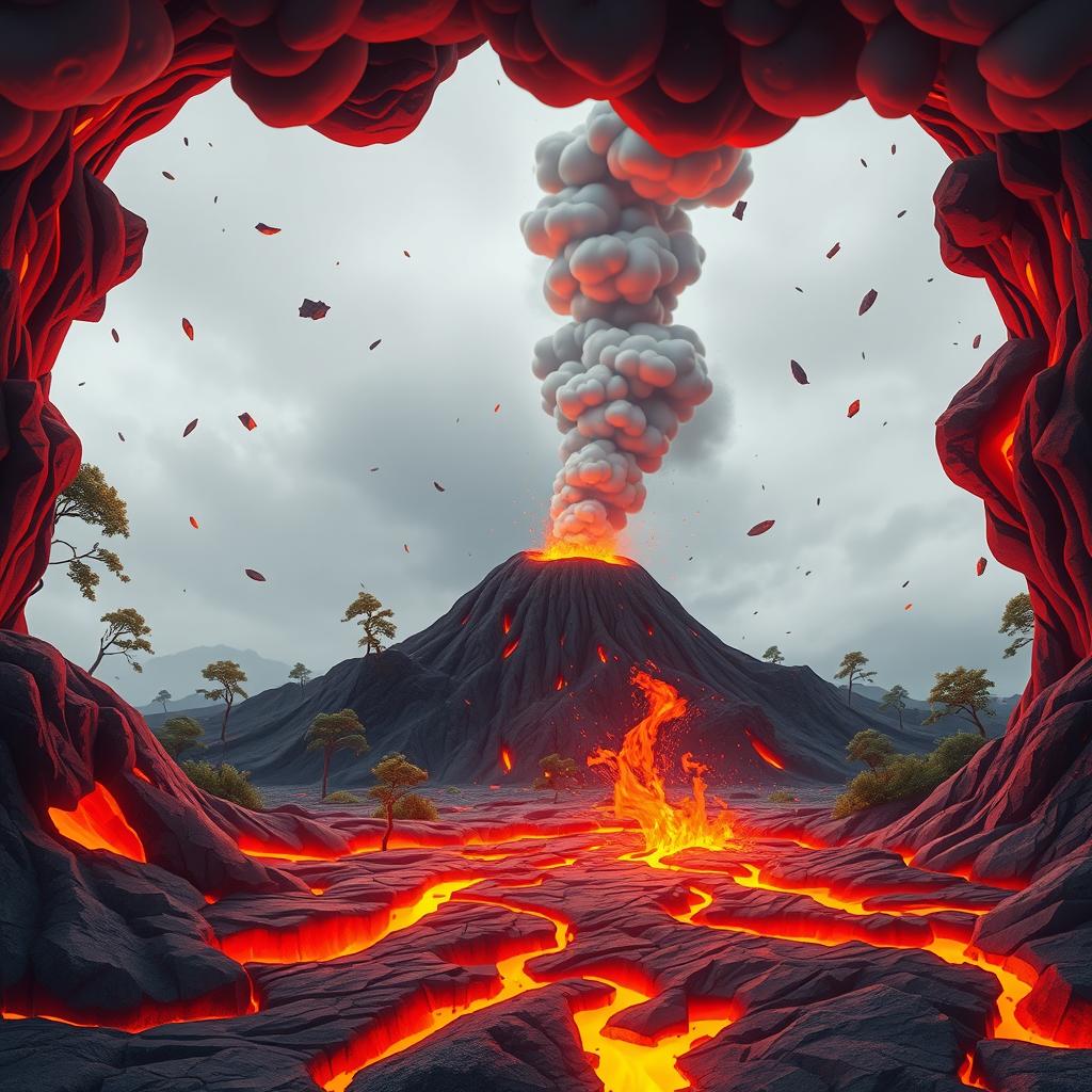 A dynamic animated scene depicting a volcanic eruption resulting in ground tremors