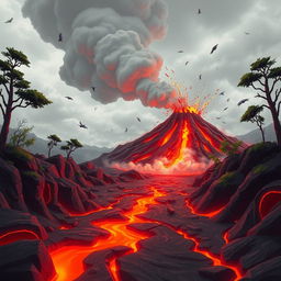 A dynamic animated scene depicting a volcanic eruption resulting in ground tremors
