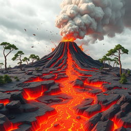 A dynamic animated scene depicting a volcanic eruption resulting in ground tremors