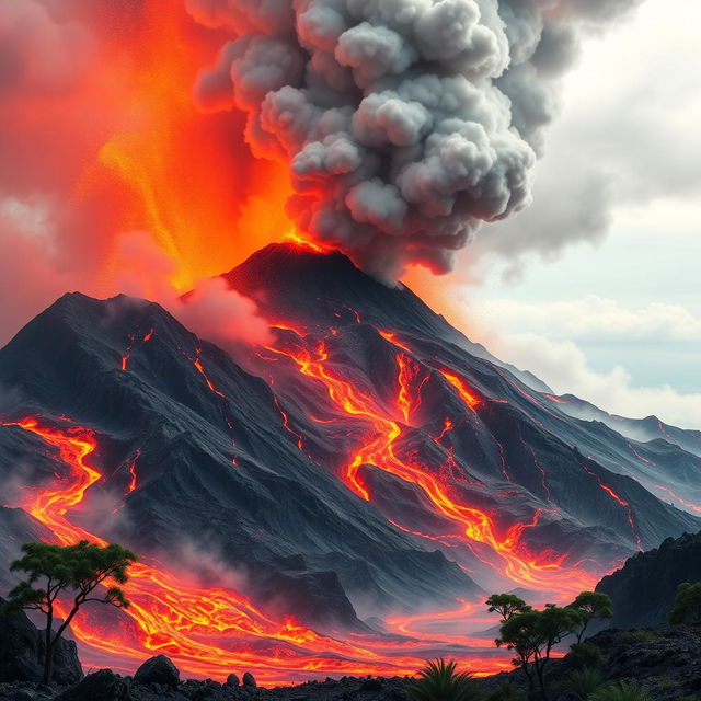 An animated background depicting a seismic event caused by a volcanic eruption