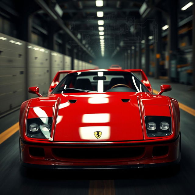 A cinematic image of a Ferrari F40 reimagined as a prototype, showcasing a sleek, futuristic design with advanced aerodynamic features, unique body panels, and an experimental color scheme