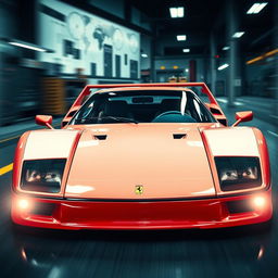 A cinematic image of a Ferrari F40 reimagined as a prototype, showcasing a sleek, futuristic design with advanced aerodynamic features, unique body panels, and an experimental color scheme