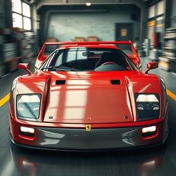 A cinematic image of a Ferrari F40 reimagined as a prototype, showcasing a sleek, futuristic design with advanced aerodynamic features, unique body panels, and an experimental color scheme