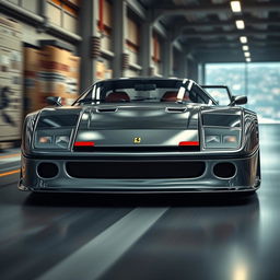 A cinematic image of a Ferrari F40 reimagined as a prototype, showcasing a sleek, futuristic design with advanced aerodynamic features, unique body panels, and an experimental color scheme