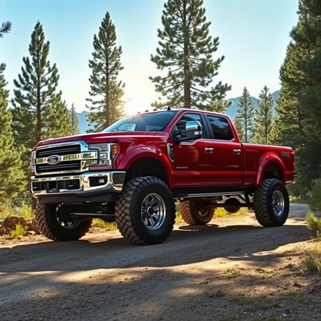 A powerful, rugged pickup truck parked on a dirt road surrounded by lush green pine forests