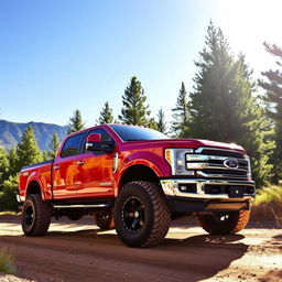 A powerful, rugged pickup truck parked on a dirt road surrounded by lush green pine forests