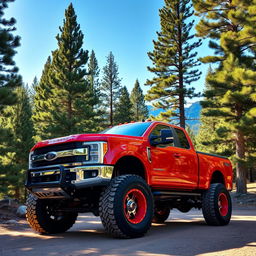 A powerful, rugged pickup truck parked on a dirt road surrounded by lush green pine forests