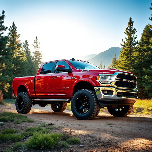 A powerful, rugged pickup truck parked on a dirt road surrounded by lush green pine forests