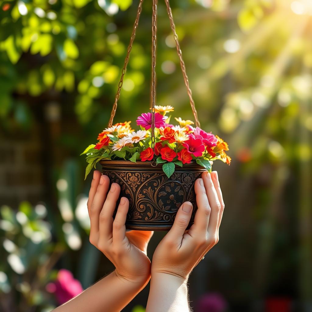 A pair of hands gracefully holding a beautiful hanging planter filled with vibrant flowers and greenery