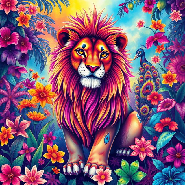 A vibrant and colorful poly-chromatic illustration of a majestic animal, showcasing intricate patterns and a spectrum of bright hues blending seamlessly