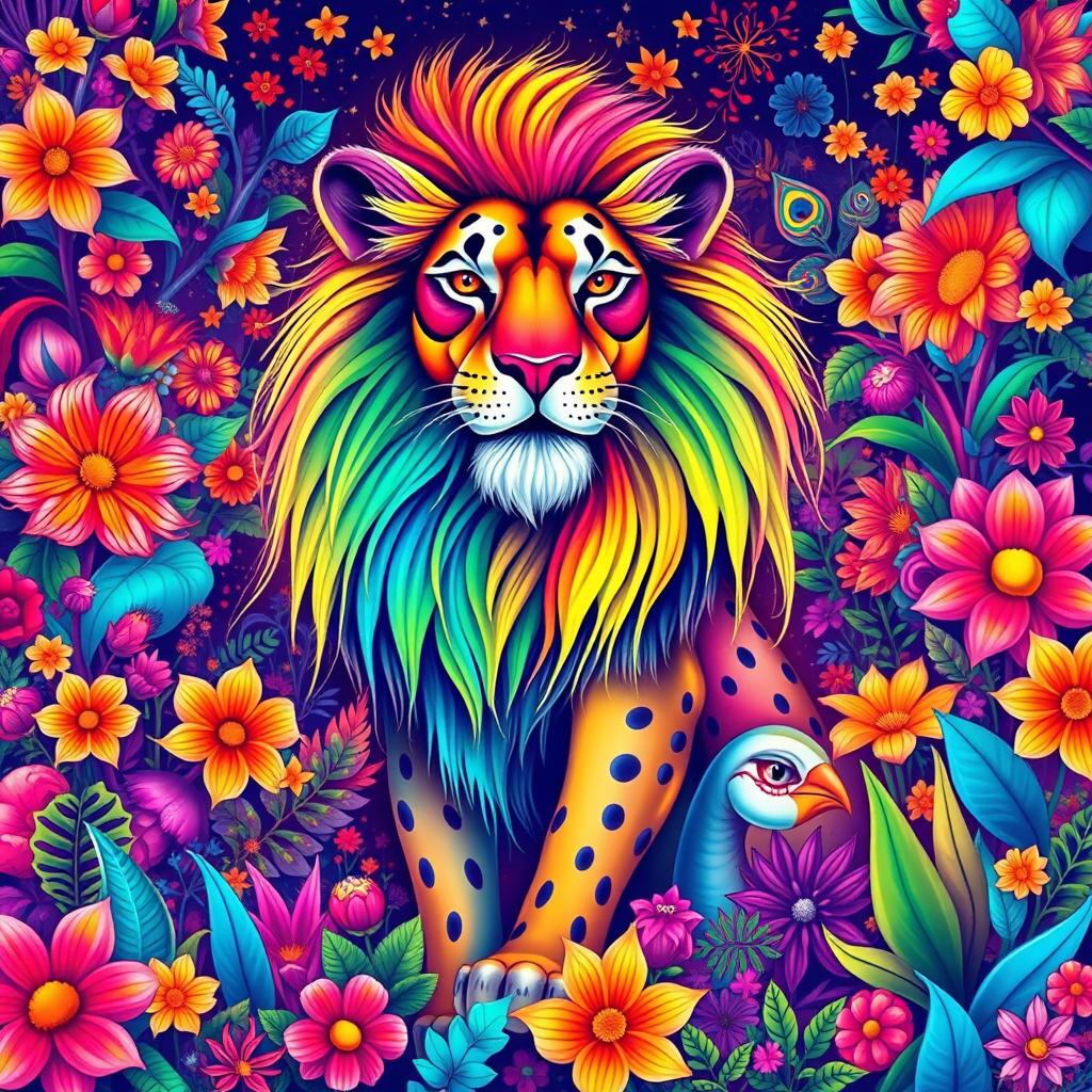 A vibrant and colorful poly-chromatic illustration of a majestic animal, showcasing intricate patterns and a spectrum of bright hues blending seamlessly