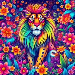 A vibrant and colorful poly-chromatic illustration of a majestic animal, showcasing intricate patterns and a spectrum of bright hues blending seamlessly