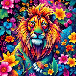 A vibrant and colorful poly-chromatic illustration of a majestic animal, showcasing intricate patterns and a spectrum of bright hues blending seamlessly