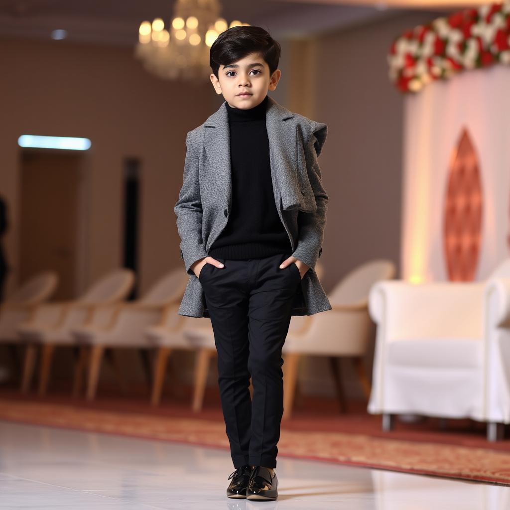 A stylish young boy dressed in elegant attire for a wedding reception (walima)