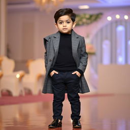 A stylish young boy dressed in elegant attire for a wedding reception (walima)