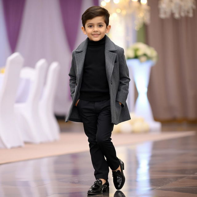 A stylish young boy dressed in elegant attire for a wedding reception (walima)