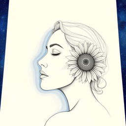 A detailed contour drawing of a woman's face turned to the right, rendered in black pencil