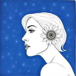 A detailed contour drawing of a woman's face turned to the right, rendered in black pencil