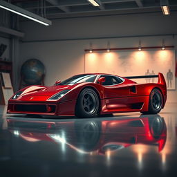 A cinematic image of a Ferrari F40 reimagined as a concept car, featuring futuristic design elements while retaining the iconic silhouette