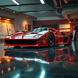 A cinematic image of a Ferrari F40 reimagined as a concept car, featuring futuristic design elements while retaining the iconic silhouette