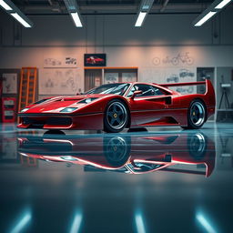 A cinematic image of a Ferrari F40 reimagined as a concept car, featuring futuristic design elements while retaining the iconic silhouette