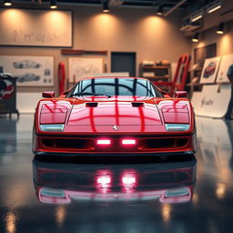 A cinematic image of a Ferrari F40 reimagined as a concept car, featuring futuristic design elements while retaining the iconic silhouette