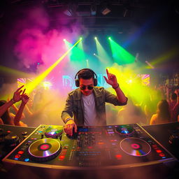 A vibrant and dynamic DJ scene featuring a charismatic DJ named "DJ SHAN" in the center, surrounded by colorful lights and an energetic crowd